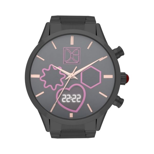 

Reloj Dual Para Dama Con Correa De Acero Inoxidable Con Figuras En Carátula Color Negro Talla: Unico