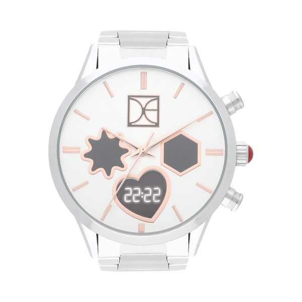 

Reloj Dual Para Dama Con Correa De Acero Inoxidable Con Figuras En Carátula Color Plata Talla: Unico